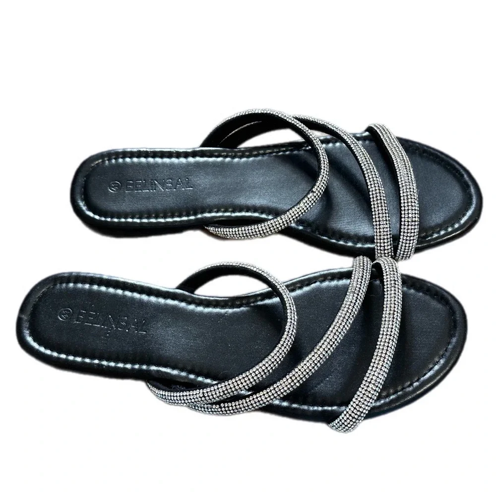 BELINSAL Black‎ Rhinestone Strap Slide Sandals Women Size 7